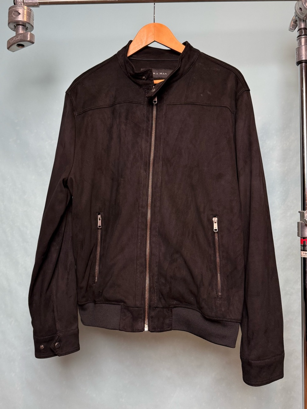 Zara Black Suede Bomber Jacket with Silver Zippers